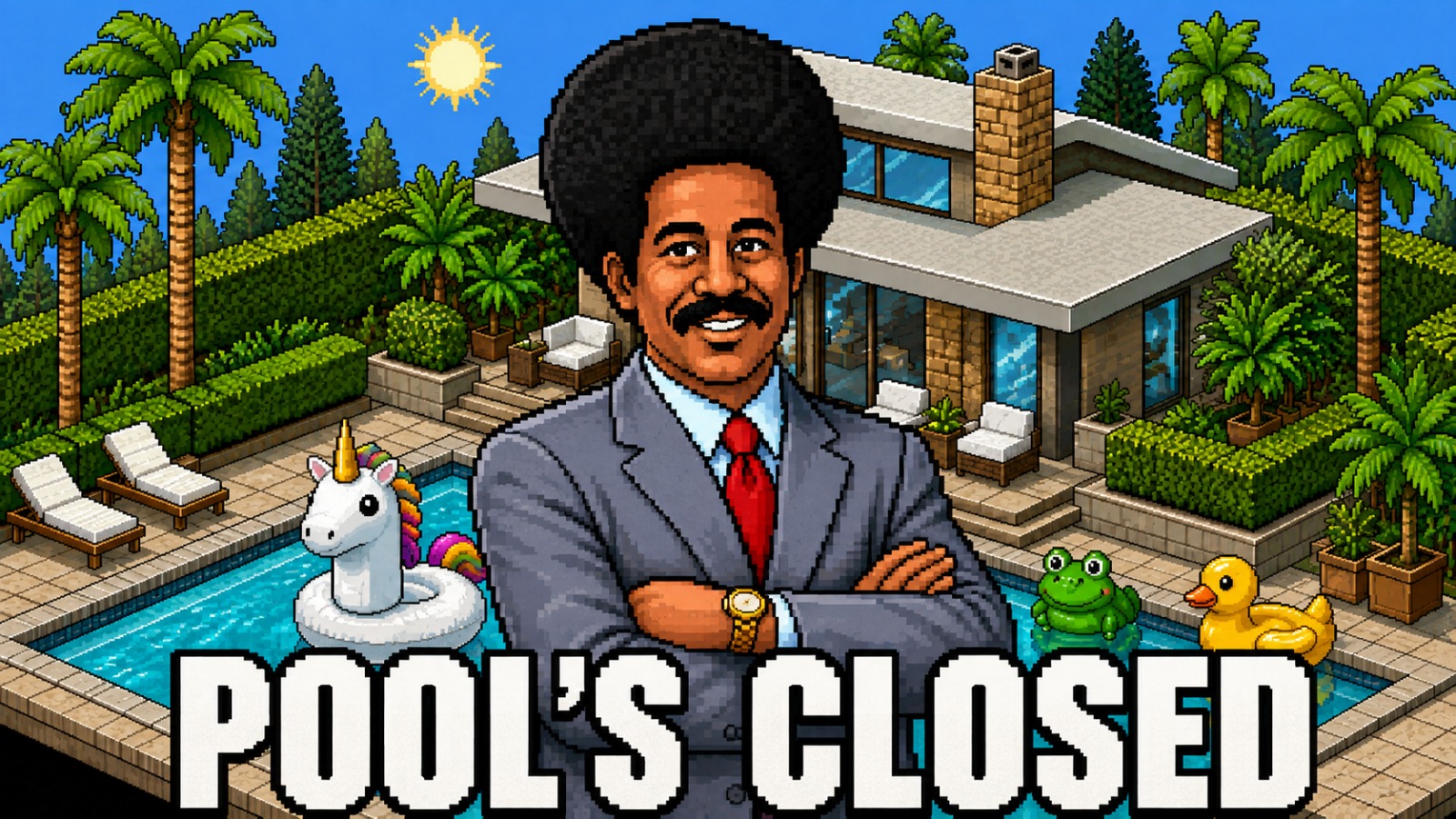A suited gentleman with a big afro guards a Habbo-style pool — pool's closed